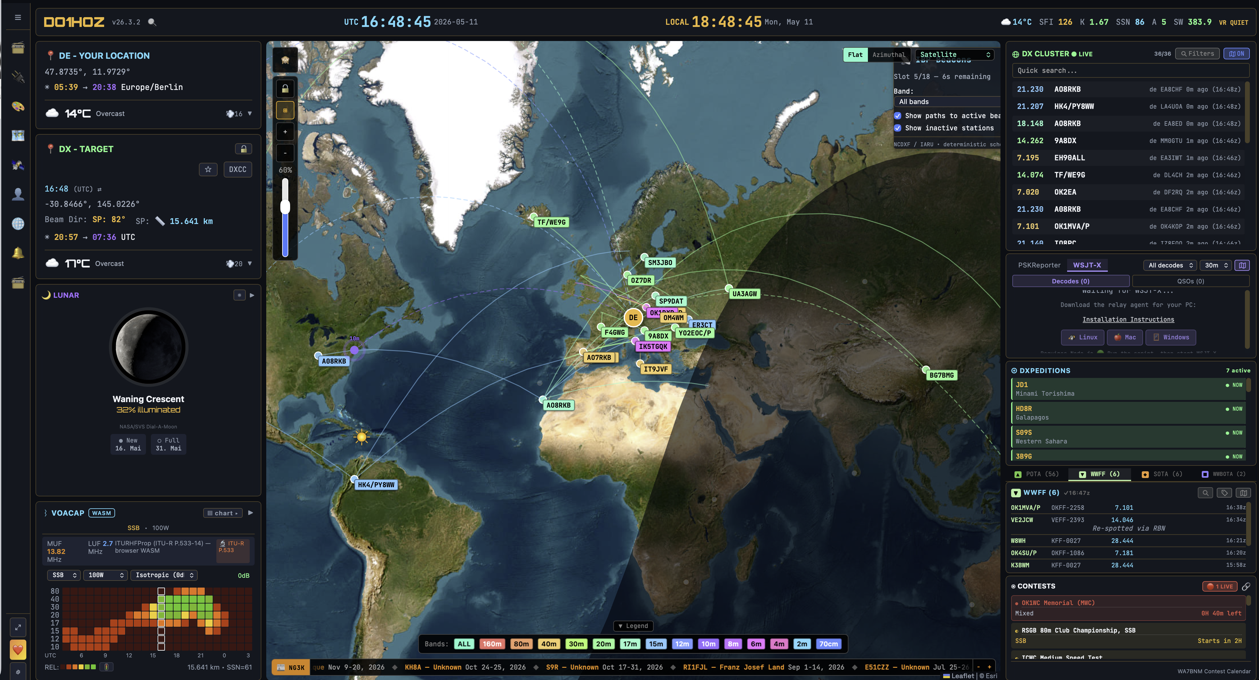 OpenHamClock dashboard with world map, DX Cluster, space weather and POTA activity